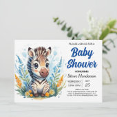 Niedlich Blue Überraschung Zebra Boy Baby Dusche Einladung (Stehend Vorderseite)