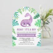 Niedlich Blue und Lila Dinosaurier Arch Baby Dusch Einladung (Stehend Vorderseite)