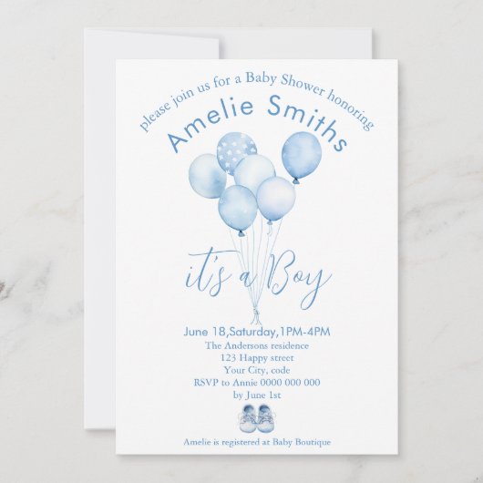 Niedlich Blue Watercolor Balloons Babydusche Einladung (Vorderseite)