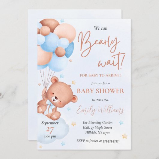 Niedlich Blue Watercolor Bear Balloons Babydusche Einladung (Vorne/Hinten)