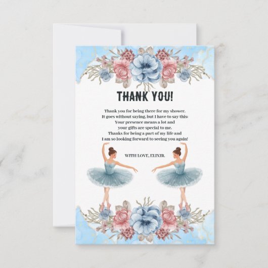 Niedlich Blue Watercolor Blumenblume Ballerina Bab Dankeskarte (Vorderseite)