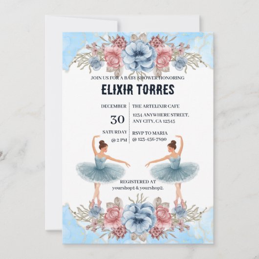 Niedlich Blue Watercolor Blumenblume Ballerina Bab Einladung (Vorderseite)