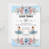 Niedlich Blue Watercolor Blumenblume Ballerina Bab Einladung (Vorderseite)