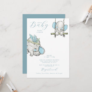 Niedlich Blue Watercolor Elephant Baby Dusche Einladung