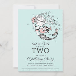 Niedlich Blue Watercolor Meerjungfrau 2. Geburtsta Einladung