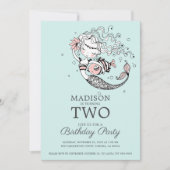 Niedlich Blue Watercolor Meerjungfrau 2. Geburtsta Einladung (Vorderseite)