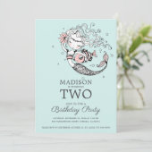 Niedlich Blue Watercolor Meerjungfrau 2. Geburtsta Einladung (Stehend Vorderseite)