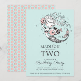 Niedlich Blue Watercolor Meerjungfrau 2. Geburtsta Einladung