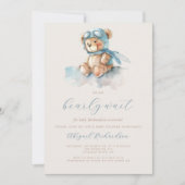 Niedlich Blue Watercolor Teddy Bärenjunge Babydusc Einladung (Vorderseite)