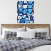 Niedlich Blue White Doodle Cat Lover Leinwanddruck (Insitu (Schlafzimmer))