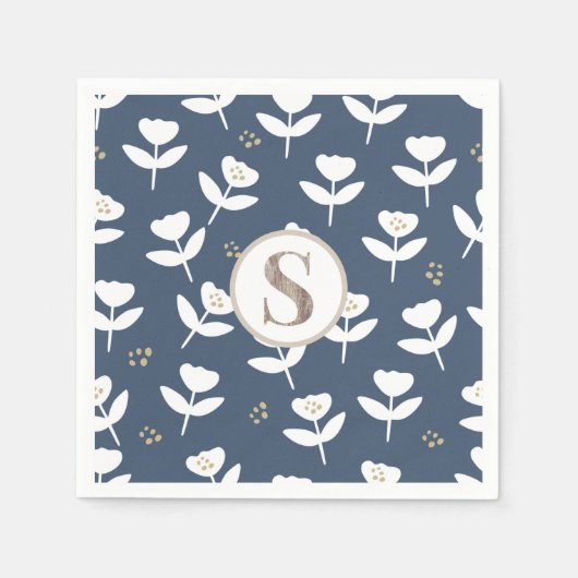 Niedlich Blue & White Floral Monogram Name Einfach Serviette (Vorderseite)