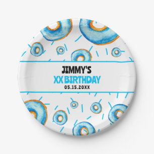 Niedlich Blue & White Watercolor Donut Boy Geburts Pappteller