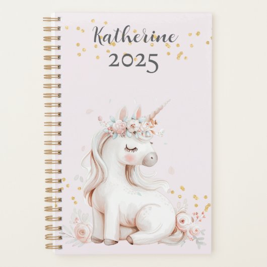Niedlich Blush and Mint Unicorn Gold Glitzer Name Planer (Vorderseite)