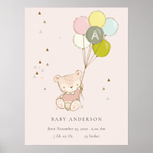 Niedlich Blush Bear Ballon Girl Monogram Baby Poster