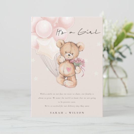 Niedlich Blush Bear Balloon Baby Announccard Dankeskarte (Stehend Vorderseite)