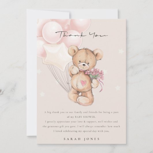 Niedlich Blush Bear Bear Bearly Wait Balloon Babyd Dankeskarte (Vorderseite)
