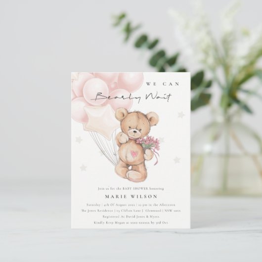 Niedlich Blush Bear Bear Bearly Wait Balloon Babyd Postkarte (Stehend Vorderseite)