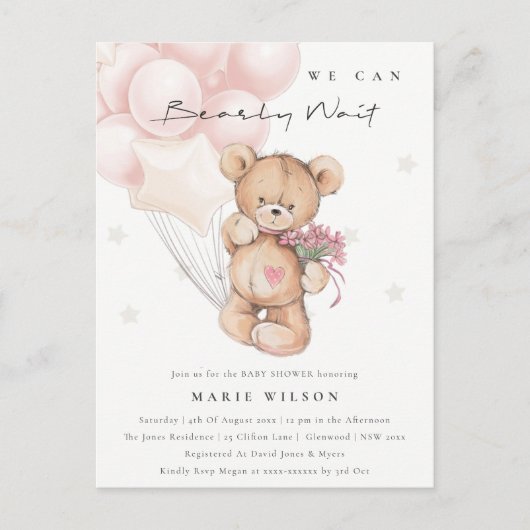 Niedlich Blush Bear Bear Bearly Wait Balloon Babyd Postkarte (Vorderseite)