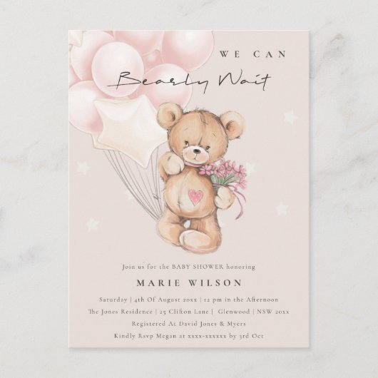Niedlich Blush Bear Bear Bearly Wait Balloon Babyd Postkarte (Vorderseite)