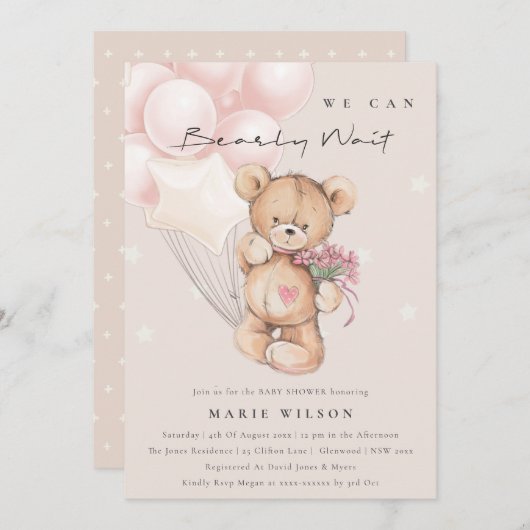 Niedlich Blush Bearly Wait Balloon Baby Dusche ein Dankeskarte (Vorne/Hinten)