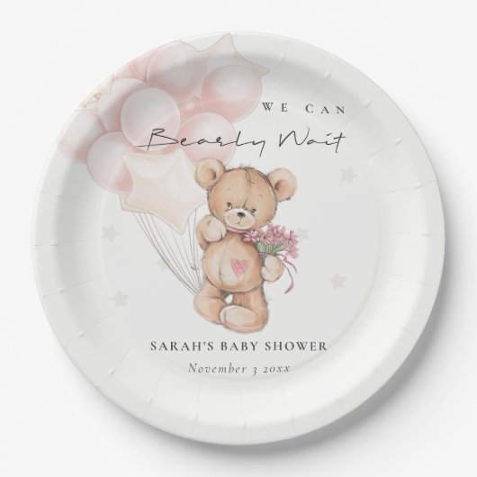 Niedlich Blush Bearly Wait Bear Balloon Babydusche Pappteller (Vorderseite)