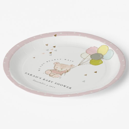 Niedlich Blush Bearly Wait Bear Balloon Babydusche Pappteller (Schrägansicht)