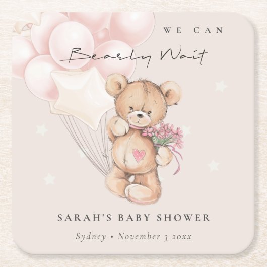 Niedlich Blush Bearly Wait Bear Balloon Babydusche Rechteckiger Pappuntersetzer (Vorderseite)
