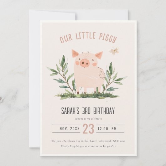 Niedlich Blush Kleine Farm Schweinebutterfliege Ki Einladung (Vorderseite)