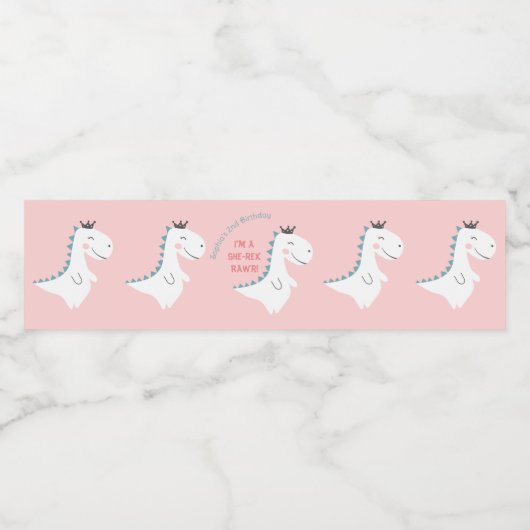 Niedlich Blush Pink Aquamarin Dinosaurier Geburtst Wasserflaschenetikett (Einzelnes Label)