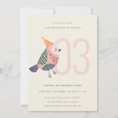 Niedlich Blush Pink Birdie jedes Alter 3. Geburtst Einladung (Vorderseite)