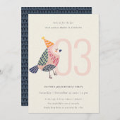 Niedlich Blush Pink Birdie jedes Alter 3. Geburtst Einladung (Vorne/Hinten)