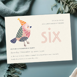 Niedlich Blush Pink Birdie Jedes Alter 6. Geburtst Dankeskarte