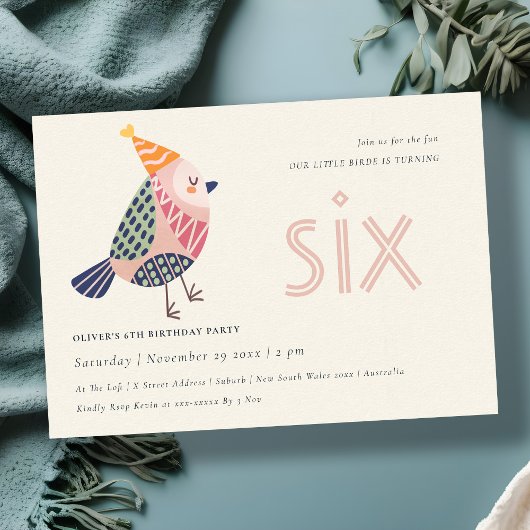 Niedlich Blush Pink Birdie Jedes Alter 6. Geburtst Dankeskarte