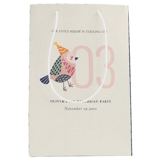 Niedlich Blush Pink Boho Birdie jedes Alter Geburt Mittlere Geschenktüte (Vorderseite)