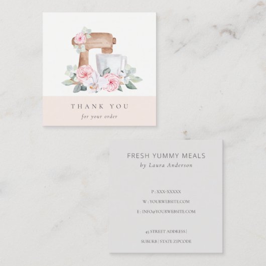 Niedlich Blush Pink Floral Cake Mixer Bäckerei Vie Quadratische Visitenkarte (Vorne/Hinten)