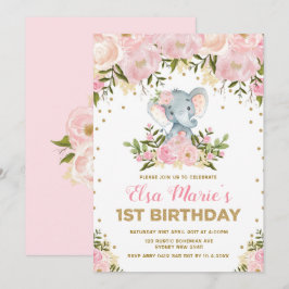 Niedlich Blush Pink Floral Elefant 1. Geburtstag P Einladung
