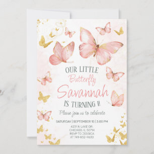 Niedlich Blush Pink Schmetterlinge 1. Geburtstag P Einladung