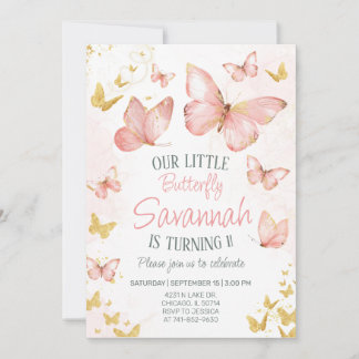 Niedlich Blush Pink Schmetterlinge 1. Geburtstag P Einladung