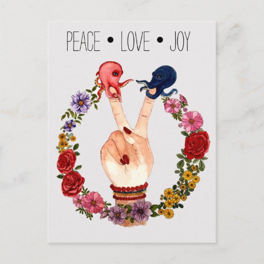 Niedlich Boho Aquarell Floral Octopus Peace Liebe Postkarte (Vorderseite)