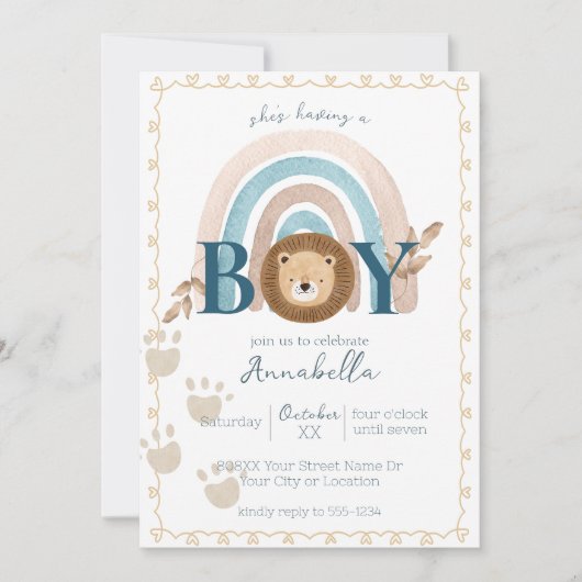 Niedlich Boho Baby Boy Lion Cub Pawprints Einladung (Vorderseite)