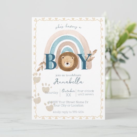 Niedlich Boho Baby Boy Lion Cub Pawprints Einladung (Stehend Vorderseite)