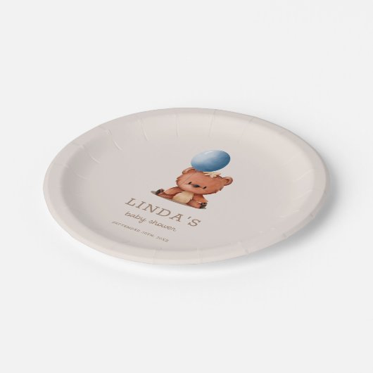 Niedlich Boho Bear Blue Balloon Babydusche Pappteller (Schrägansicht)