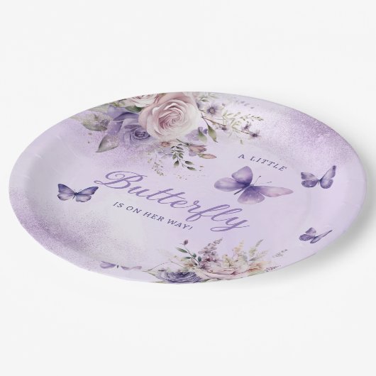 Niedlich Boho Butterfly Aquarell Floral Baby Dusch Pappteller (Schrägansicht)
