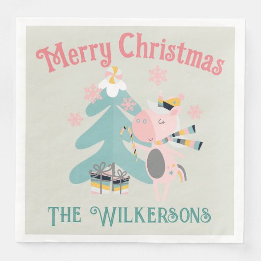 Niedlich Boho Christmas Unicorn auf Sage Serviette (Vorderseite)
