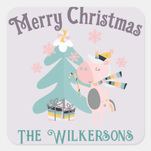 Niedlich Boho Christmas Unicoron auf Lavender Lila Quadratischer Aufkleber