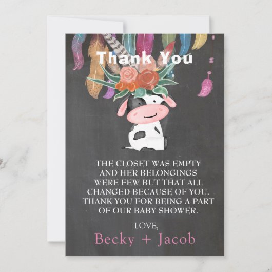Niedlich Boho Cow Baby Dusche Danke Karten (Vorderseite)