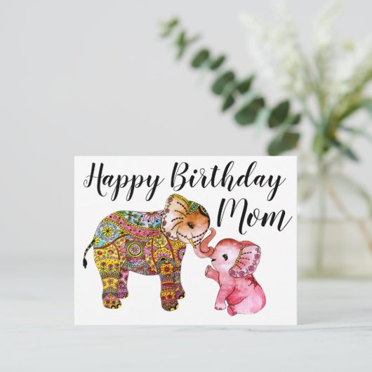 Niedlich Boho Elephant Happy Birthday Mother Postkarte (Stehend Vorderseite)