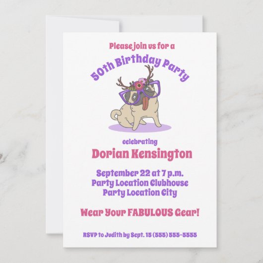 Niedlich Boho Floral Hippie Mops Fabulous 50. Gebu Einladung (Vorderseite)