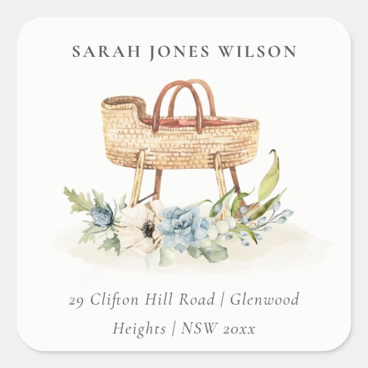 Niedlich Boho Kinderzimmer Blue Floral Bassinet An Quadratischer Aufkleber (Vorderseite)