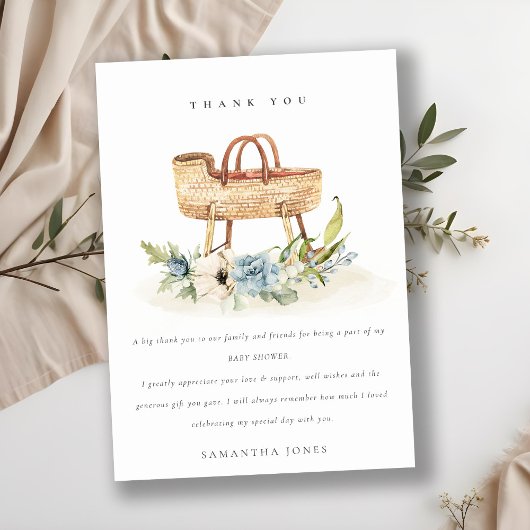 Niedlich Boho Kinderzimmer Blue Floral Bassinet Ba Dankeskarte